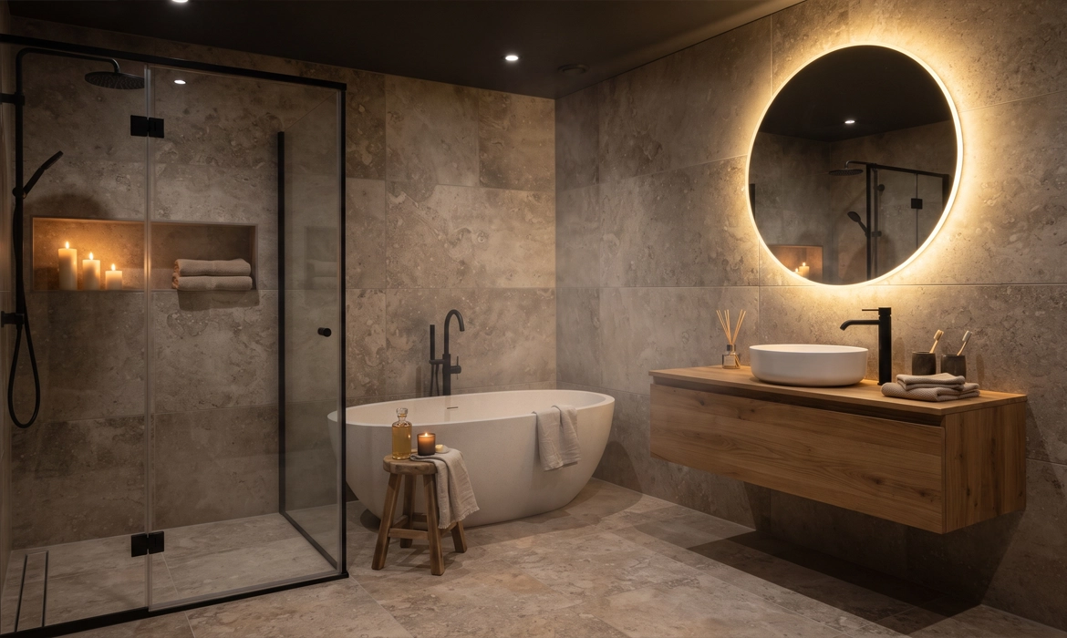 Konya banyo dekorasyonu - doğal taş ve su öğeleriyle spa konseptli tasarım